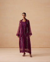 Sanjh Sereen Set - Mulberry Wine Organza Trench Coat with Organza Skirt