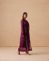Sanjh Sereen Set - Mulberry Wine Organza Trench Coat with Organza Skirt