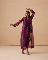 Sanjh Sereen Set - Mulberry Wine Organza Trench Coat with Organza Skirt