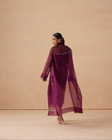 Sanjh Sereen Set - Mulberry Wine Organza Trench Coat with Organza Skirt
