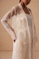 Sanjh Sereen Set - Ivory White Organza Trench Coat Set