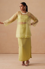 Sanjh Elira Set - Soft Lime Organza Top with Skirt
