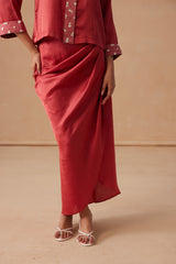 Sanjh Aneya Set - Rose Red Short Trench Top with Draped Skirt