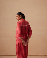 Sanjh Aneya Set - Rose Red Short Trench Top with Draped Skirt