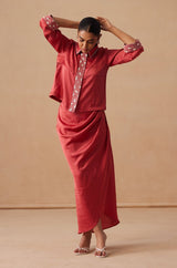 Sanjh Aneya Set - Rose Red Short Trench Top with Draped Skirt