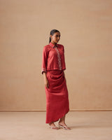 Sanjh Aneya Set - Rose Red Short Trench Top with Draped Skirt