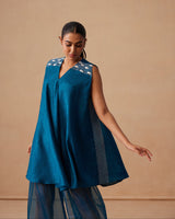 Sanjh Niva Set - Deep Blue Drape Top with Organza Garara