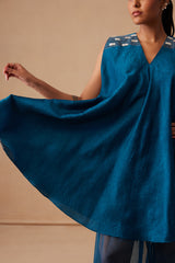Sanjh Niva Set - Deep Blue Drape Top with Organza Garara