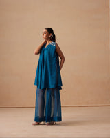 Sanjh Niva Set - Deep Blue Drape Top with Organza Garara