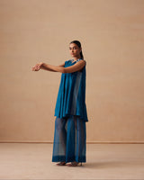 Sanjh Niva Set - Deep Blue Drape Top with Organza Garara