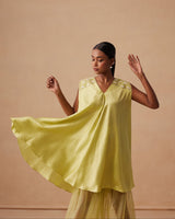 Sanjh Niva Set - Soft Lime Drape Top with Organza Garara