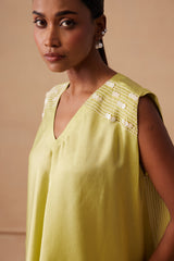 Sanjh Niva Set - Soft Lime Drape Top with Organza Garara