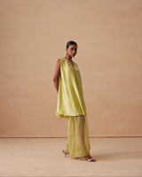 Sanjh Niva Set - Soft Lime Drape Top with Organza Garara