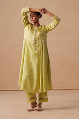 Sanjh Rooh Set - Soft Lime Sidekali Suit Set with Dupatta