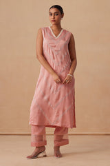 Sanjh Abeer Set - Blush Pink Without Sleeve Suit Set with Dupatta