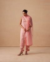 Sanjh Abeer Set - Blush Pink Without Sleeve Suit Set with Dupatta