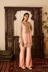 Leher Peach Organza Sleeves Coord Set