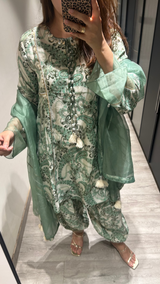Peher Inara Set - Sage Green Sidekali Suit Set with Dupatta