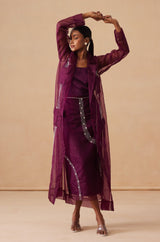 Sanjh Sereen Set - Mulberry Wine Organza Trench Coat with Organza Skirt