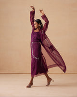 Sanjh Sereen Set - Mulberry Wine Organza Trench Coat with Organza Skirt