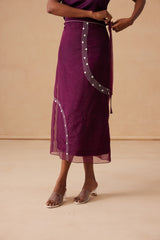 Sanjh Sereen Set - Mulberry Wine Organza Trench Coat with Organza Skirt