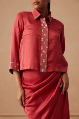 Sanjh Aneya Set - Rose Red Short Trench Top with Draped Skirt