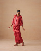 Sanjh Aneya Set - Rose Red Short Trench Top with Draped Skirt