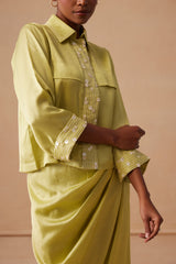 Sanjh Aneya Set - Soft Lime Short Trench Top with Draped Skirt