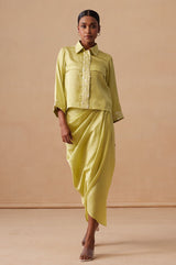 Sanjh Aneya Set - Soft Lime Short Trench Top with Draped Skirt