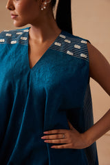 Sanjh Niva Set - Deep Blue Drape Top with Organza Garara