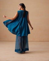 Sanjh Niva Set - Deep Blue Drape Top with Organza Garara