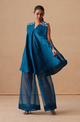 Sanjh Niva Set - Deep Blue Drape Top with Organza Garara