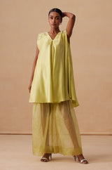 Sanjh Niva Set - Soft Lime Drape Top with Organza Garara