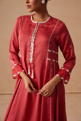 Sanjh Rooh Set - Rose Red Sidekali Suit Set with Dupatta