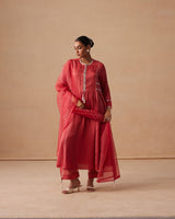 Sanjh Rooh Set - Rose Red Sidekali Suit Set with Dupatta