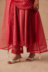 Sanjh Rooh Set - Rose Red Sidekali Suit Set with Dupatta