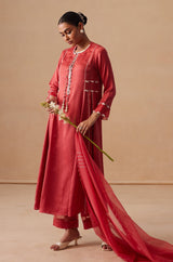 Sanjh Rooh Set - Rose Red Sidekali Suit Set with Dupatta