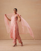 Sanjh Abeer Set - Blush Pink Without Sleeve Suit Set with Dupatta