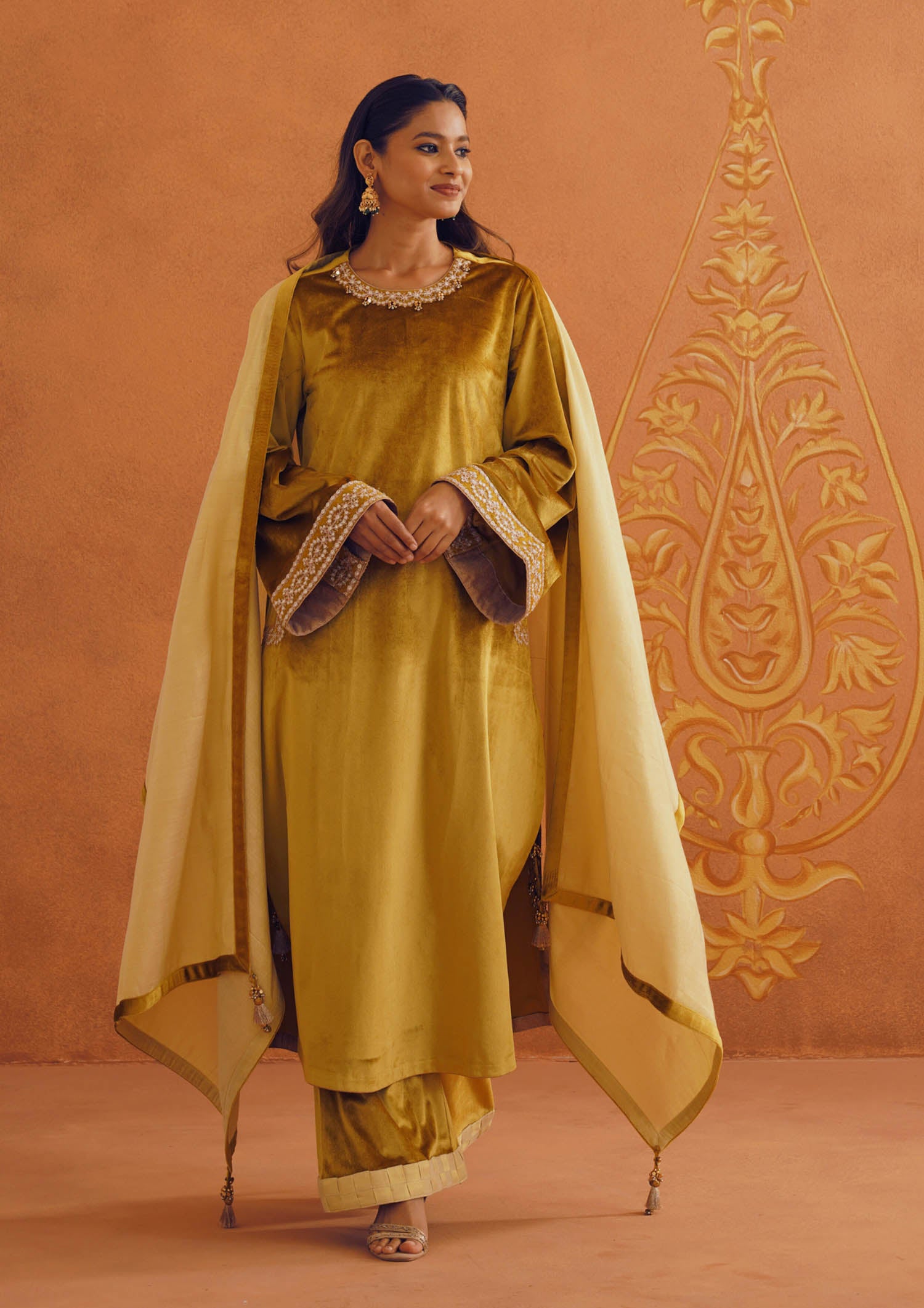 Mustard Self Design Pashmina Wool Straight Suit Set