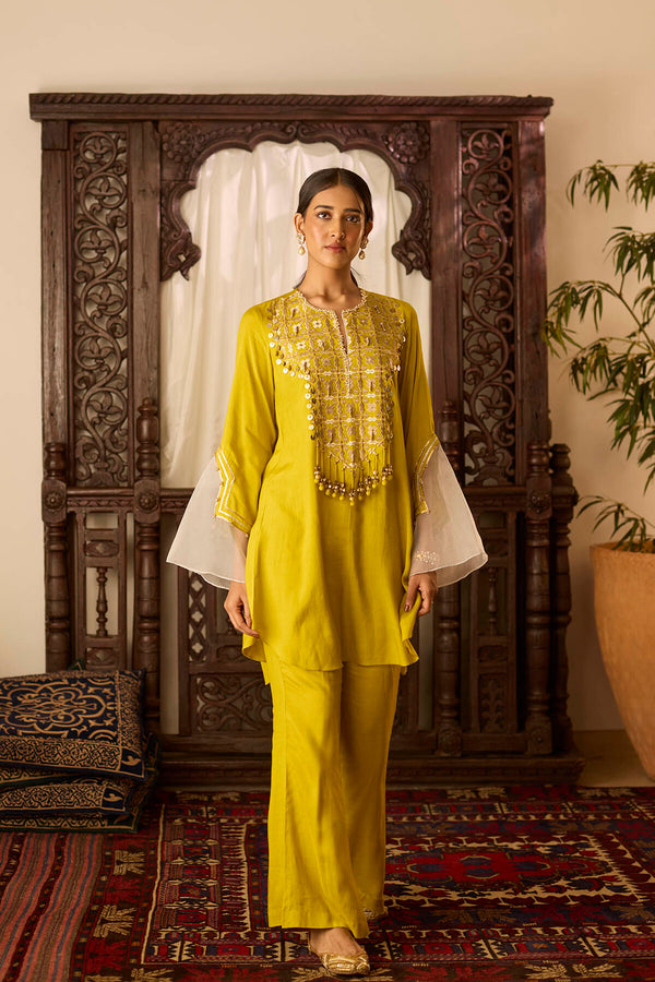 Leher Mustard Kali Suit Set