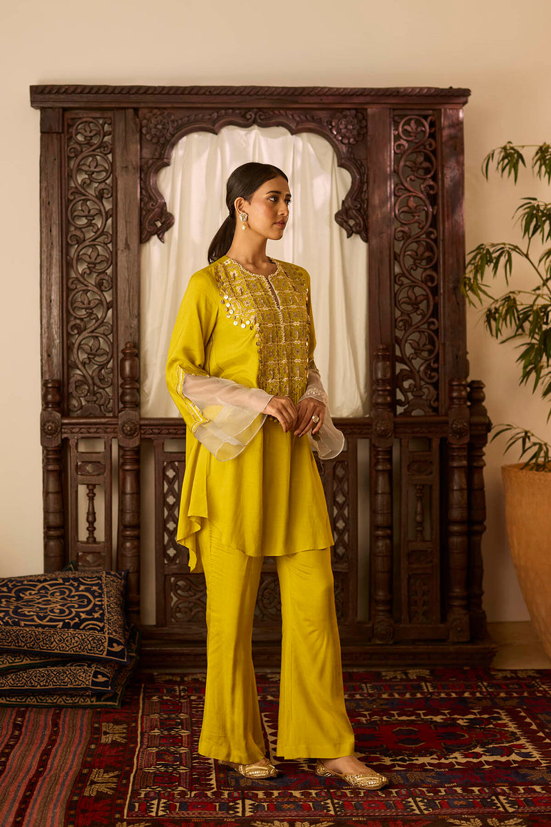 Leher Mustard Kali Suit Set