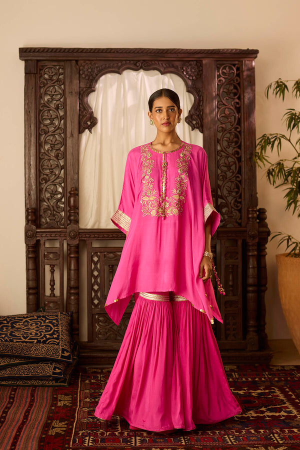 Leher Hot Pink Kaftan with Garara Set