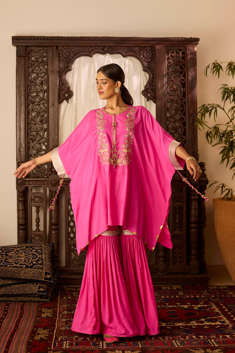 Leher Hot Pink Kaftan with Garara Set