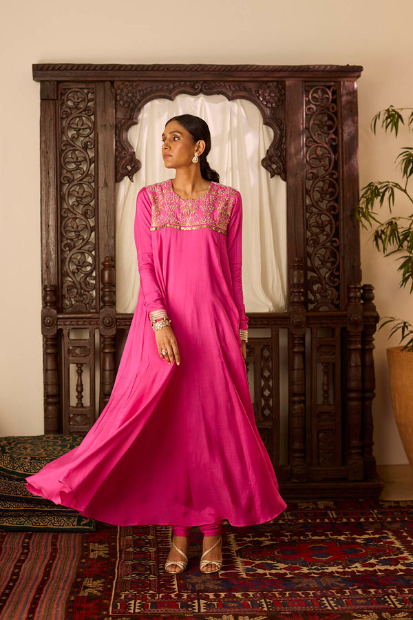 Leher Hot Pink Long kali Suit Set