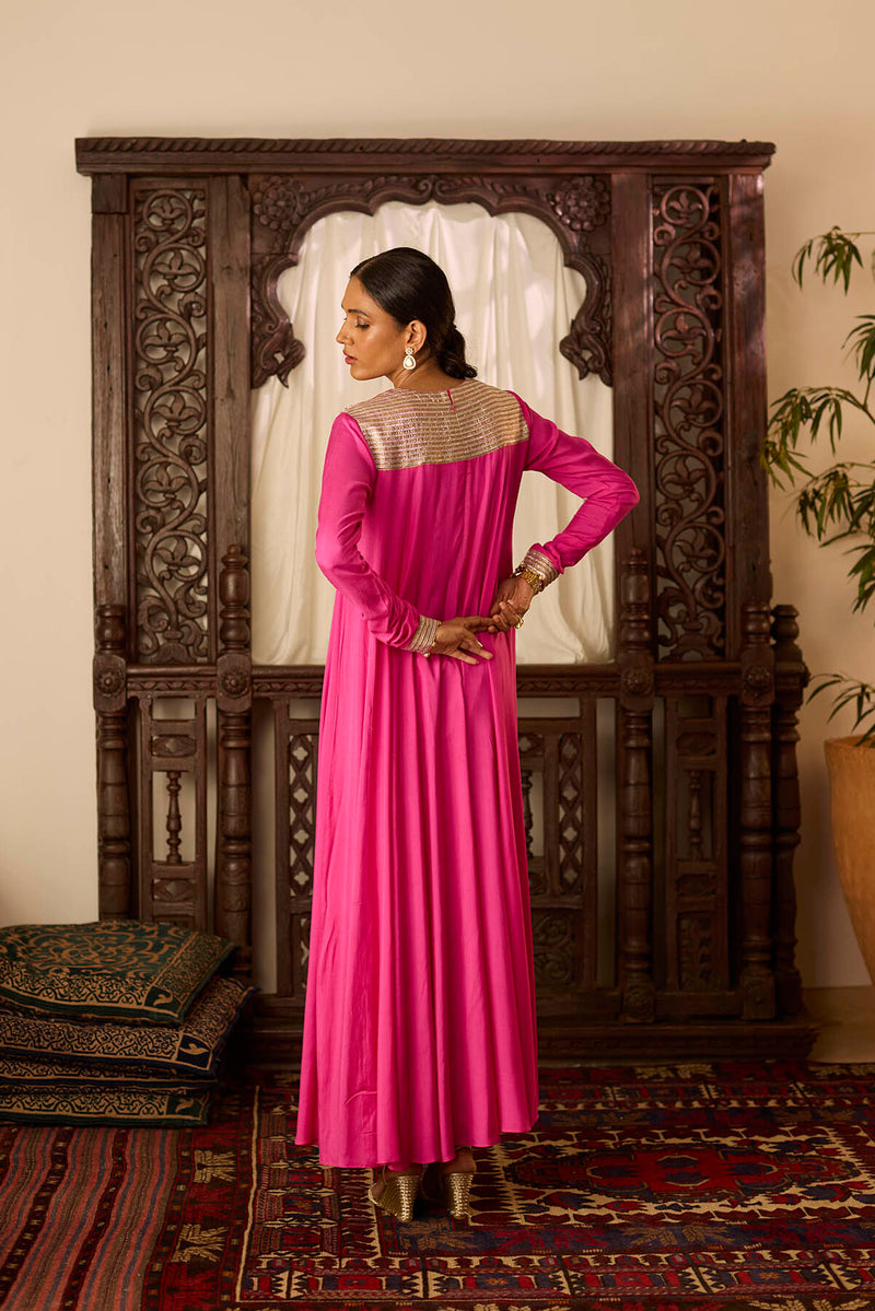 Leher Hot Pink Long kali Suit Set