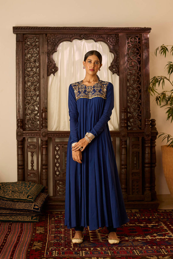 Leher Navy Blue Long Kali Suit Set