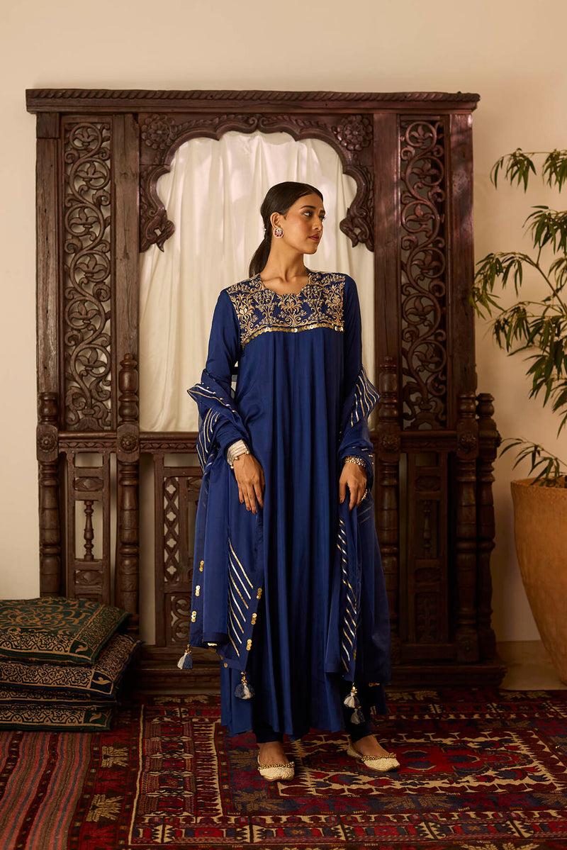 Leher Navy Blue Long Kali Suit Set