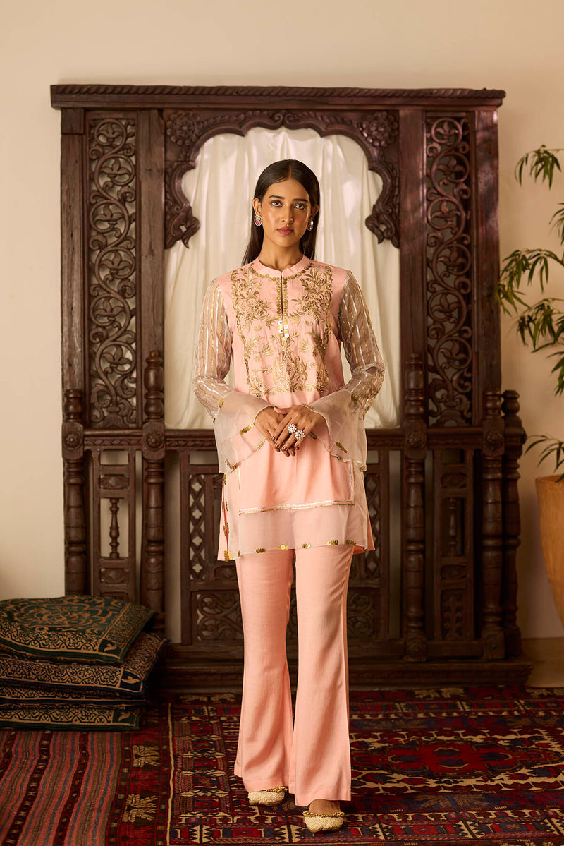 Leher Peach Organza Sleeves Coord Set