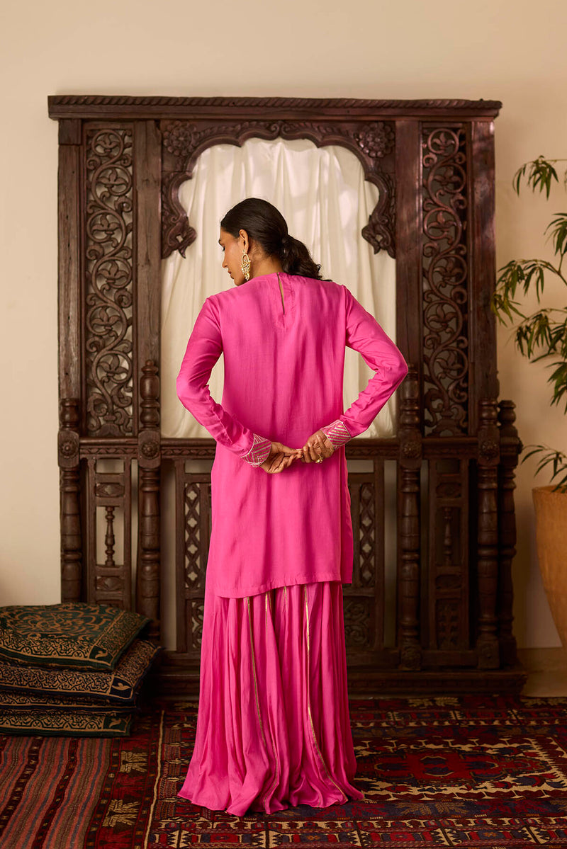 Leher Hot Pink Short Shirt Sharara Set