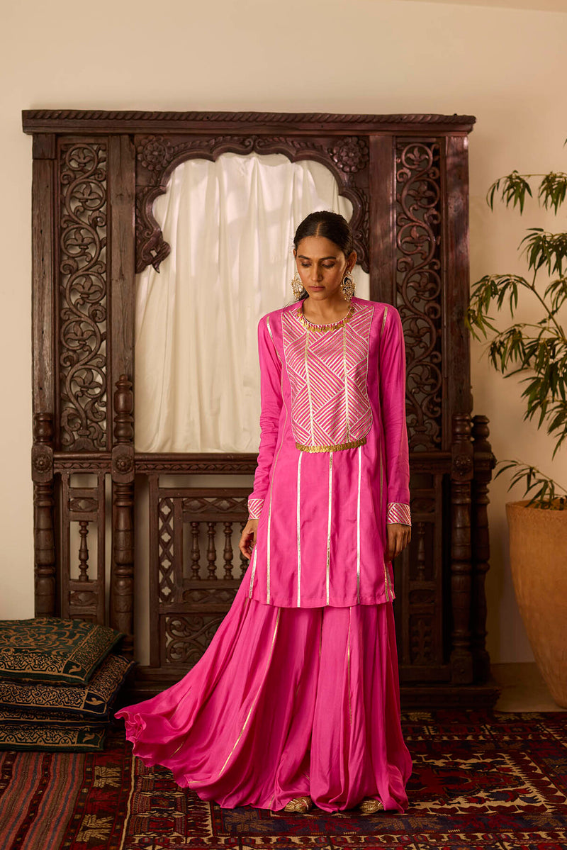 Leher Hot Pink Short Shirt Sharara Set